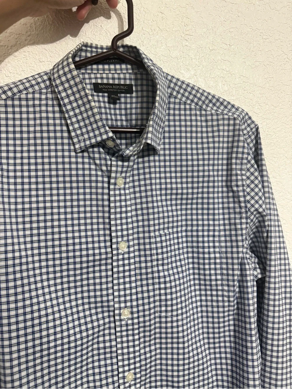 Banana Republic Men's White and Blue Check Button-Down Shirt